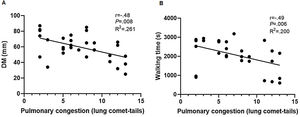 Correlation of pulmonary congestion with the DM and walking time. DM: diaphragmatic mobility.