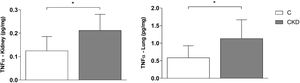 Kidney and lung levels of TNF-α. C: control group; CKD: chronic kidney disease group.