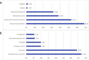 Barreras identificadas y propuestas de mejora. a)Barreras identificadas para la implementación de los programas. b)Propuestas de mejora sugeridas al grupo.