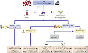 Estudio y tratamiento de pacientes con LES y MAT *Considerar asociar tratamiento con micofenolato o ciclofosfamida AAF: anticuerpos antifosfolípidos; AC: anticoagulación; CS: corticoides (en bolos); IgIV: inmunoglobulina intravenosa; LES: lupus eritematoso sistémico; MAT: microangiopatía trombótica; NSAF: nefropatía asociada a síndrome antifosfolípido (APSN: “antiphospholipid syndrome-associated nephropathy”); PF: plasmaféresis; PTT: púrpura trombótica trombocitopénica; RTX; rituximab; SAC: síndrome antifosfolípido catastrófico (CAPS: “catastrophic antiphospholipid síndrome”).