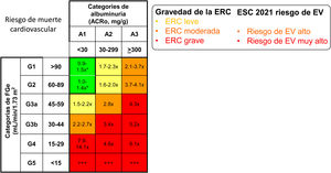 Equivalencia entre gravedad de la enfermedad renal crónica (ERC) y clases de riesgo de enfermedad vascular (EV) definidas por la European Society of Cardiology (ESC) en sus guías 2021 de prevención de la EV. Los números de las celdas representan el riesgo de muerte vascular según KDIGO. Modificada de las referencias Ortiz et al.4,5, usando información adicional de KDIGO7. * El riesgo es>1,1 cuando ACRo tiene valores entre 10 y 29mg/g.
