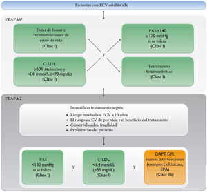Algoritmo de objetivos terapéuticos y tratamiento farmacológico en pacientes con enfermedad vascular establecida. Adaptada de Visseren et al.1 (fig. 7, pág. 27). CV: cardiovascular; DAPT: dual antiplatelet therapy; DPI: dual pathway inhibition; C-LDL: colesterol unido a lipoproteínas de baja densidad; ECV: enfermedad cardiovascular; PAS: presión arterial sistólica; EPA: eicosapentaenoic acid.