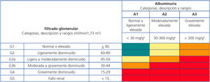Riesgo relacionado con la enfermedad renal crónica según las categorías de filtrado glomerular y de albuminuria (expresada como cociente albúmina/creatinina). Áreas en verde, riesgo de referencia (no hay enfermedad renal si no hay otros marcadores definitorios); áreas en amarillo, riesgo moderado; áreas en naranja, riesgo alto; áreas en rojo, riesgo muy alto. Guías Kidney Disease: Improving Global Outcomes (KDIGO) sobre enfermedad renal crónica.