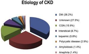 Etiology of CKD. CKD: chronic kidney disease: DM: diabetes mellitus; CGN: chronic glomerulonephritis.