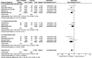 Effect of SGLT-2 inhibitors compared to control on the risk of AKI across the cardiovascular and renal outcome trials and the trials performed in the heart failure population.