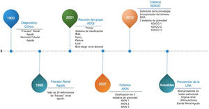 Evolución del modelo conceptual de la lesión renal aguda (LRA): desde el diagnóstico clínico al molecular. ADQI: Acute Disease Quality Initiative; AKIN: Acute Kidney Injury Network; ERA: enfermedad renal aguda; KDIGO: Kidney Disease Improving Global Outcomes; LRA: lesión renal aguda.