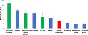 All ages, top 10 global risk factors for death, 2019. Kidney dysfunction (defined as estimated glomerular filtration rate<60ml/min per 1.73m2 or albumin-to-creatinine ratio≥30mg/g) was the seventh leading global level 3 risk factor for death in 2019. The 3 leading global risk factors for kidney disease, including hypertension, diabetes, and overweight/obesity, are also leading global risk factors for death; therefore, holistic strategies are required to address all risk factors simultaneously. Ranking is depicted by millions if deaths are attributed to the risk factors. Error bars depict the confidence range. Global ranking of kidney dysfunction stratified by World Bank income category and gender is shown in Supplementary Fig. S1. Data obtained from the Global Burden of Disease Study.2 BMI, body mass index; LDL, low-density lipoprotein.