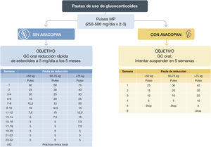 Pautas de uso de glucocorticoides. Tratamiento de inducción en caso de afectación orgánica mayor MP: metilprednisolona; GC: glucocorticoides. Adaptado de 6 y 180.
