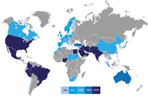 Prevalence of FSGS in the studied countries. A blue color scale represents prevalence, with darker shades indicating higher rates. Countries shown in gray lack available prevalence data.