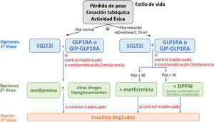Tratamiento farmacológico para el control metabólico en los pacientes con diabetes tipo 2 y enfermedad renal crónica. DPP4i: inhibidores de la dipeptidil peptidasa-4; FGe: filtrado glomerular estimado; GIP-GLP1RA: agonista dual de los receptores del polipéptido insulinotrópico dependiente de la glucosa (GIP) y del péptido similar al glucagón-1 (GLP-1); GLP1 AR: agonista del receptor del péptido-1 similar al glucagón; SGLT2i: inhibidor del cotransportador 2 de sodio-glucosa.