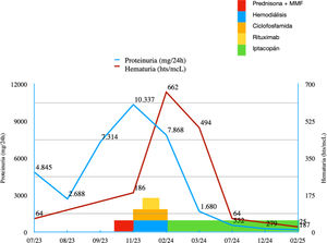 Evolución de la proteinuria/hematuria a lo largo del tiempo.