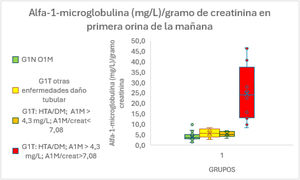Grupo G1N (G1T- enfermedades que producen daño tubular); A1M: alfa-1-microglobulina; DM: diabetes mellitus; HTA: hipertensión arterial; O1M: primera orina de la mañana.