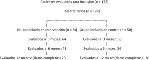 Diagrama de flujo de inclusión, aleatorización y seguimiento de los pacientes. De los 122 pacientes incluidos y aleatorizados, todos fueron evaluados a los 3 meses. El número de pacientes evaluados disminuyó progresivamente a los 6 y 12 meses debido a las pérdidas de seguimiento inherentes a la población en hemodiálisis. El número de pacientes con datos completos disponibles para el análisis a los 12 meses se indica en cada grupo.