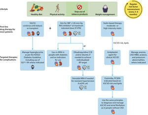 Recommended optimal lifestyle and therapeutic management for chronic kidney disease (CKD) in diabetes. Illustration of a comprehensive and holistic approach to optimizing kidney health in people with CKD. In addition to the cornerstone lifestyle adjustments, attention to diabetes, blood pressure (BP), and cardiovascular risk factor control is intergral to kidney care. *Angiotensin-converting enzyme inhibitor or angiotensin II receptor blocker should be first-line therapy for BP control when albuminuria is present; otherwise dihydropyridine calcium channel blocker (CCB) or diuretic can also be considered. Figure reproduced from Kidney Disease: Improving Global Outcomes (KDIGO) CKD Work Group. KDIGO 2024 Clinical Practice Guideline for the Evaluation and Management of Chronic Kidney Disease. Kidney Int. https://doi.org/10.1016/j.kint.2023.10.018.22 Copyright © 2023, Kidney Disease: Improving Global Outcomes (KDIGO). Published by Elsevier Inc. on behalf of the International Society of Nephrology under the CC BY-NC-ND license (ht***tp://creativecommons.org/licenses/by-nc-nd/4.0/). ASCVD, atherosclerotic cardiovascular disease; CKD-MBD, chronic kidney disease-mineral and bone disorder; eGFR, estimated glomerular filtration rate; GLP-1 RA, glucagon-like peptide-1 receptor agonist; HTN, hypertension; MRA, mineralocorticoid receptor antagonist; ns-MRA, nonsteroidal mineralocorticoid receptor antagonist; PCSK9i, proprotein convertase subtilisin/kexin type 9 inhibitor; RAS, renin-angiotensin-aldosterone system; SBP, systolic blood pressure; SGLT2i, sodium-glucose cotransporter 2 inhibitor.