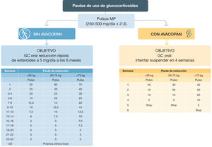 Pautas de uso de glucocorticoides. Tratamiento de inducción en caso de afectación orgánica mayor MP: metilprednisolona; GC: glucocorticoides. Adaptado de 6 y 180.