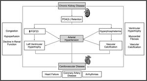 Pathophysiological mechanisms and corresponding association between chronic kidney disease and cardiovascular disease. Description: Demonstration of the correlation between chronic kidney disease and cardiovascular disease, highlighting the complications associated with these diseases, as well as the different mechanisms that contribute to both pathologies. Abbreviations: P04(3-), phosphate; FGF23, fibroblast growth factor 23; ↑, increase.