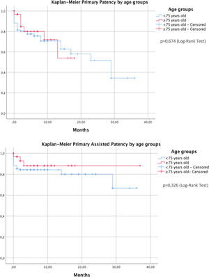 Kaplan–Meier curves of primary patency and primary assisted patency.