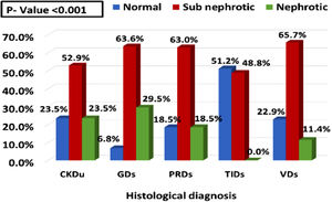 Proteinuria levels of the studied groups. CKDu: chronic kidney disease of unknown etiology, PRDs: paraprotein-related renal diseases, TIDs: tubulointerstitial diseases, VDs: vascular diseases.