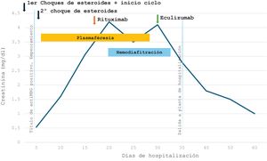 La imagen muestra la evolución del paciente del caso 1 durante su hospitalización, qué tratamiento recibió y cómo se modificó su creatinina sérica. A lo largo de la hospitalización, recibió varios ciclos de choques de esteroides, ciclofosfamida, rituximab y, finalmente, eculizumab. Se puede observar cómo tras recibir eculizumab, hubo un claro descenso de creatinina sérica.