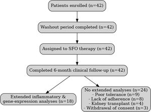 Study flowchart. All 42 patients completed the 6-month clinical follow-up under sucroferric oxyhydroxide (SFO) therapy. Extended inflammatory and leukocyte gene-expression analyses were feasible in 18 patients. In the remaining 24, these assessments could not be performed due to poor tolerance (n=9), lack of adherence (n=8), kidney transplant (n=4), or withdrawal of consent (n=3).