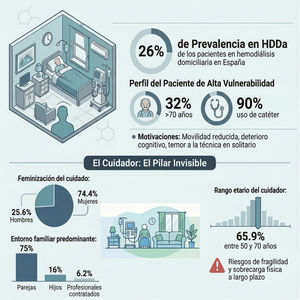 Perfil clínico y social de los pacientes en hemodiálisis domiciliaria asistida (HDDa) y de sus cuidadores en España.