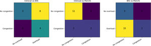 Distribution of congestion and volume overload across assessment methods. Simplified binary matrices showing the distribution of patients classified according to clinical assessment, BIS-derived volume overload, and PoCUS-defined congestion. Rows correspond to the first method compared and columns to the second. BIS: bioimpedance spectroscopy; PoCUS: point-of-care ultrasonography.