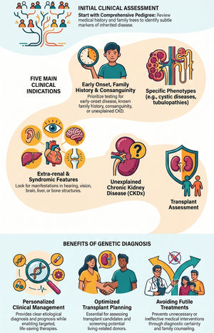 Genetic testing in kidney disease: indications and clinical benefits. Abbreviations: CKD: chronic kidney disease; CKDx: unexplained chronic kidney disease.