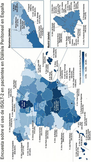 Distribución geográfica por hospitales y provincias de pacientes en diálisis peritoneal y tratamiento con iSGLT2. El mapa muestra la distribución geográfica por hospitales y provincias de pacientes en diálisis peritoneal tratados con iSGLT2 expresado en número absolutos y porcentajes.