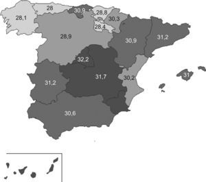 Media de años potenciales de vida perdidos relacionados con el consumo de alcohol en España y en las comunidades autónomas en el año 2004 por causas agudas.