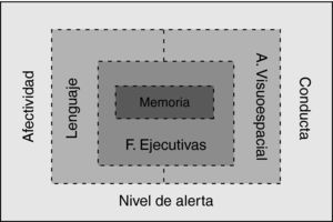 Modelo jerárquico de interrelación entre el nivel de alerta, la afectividad, la conducta y las funciones cognitivas. A: área; F: funciones.