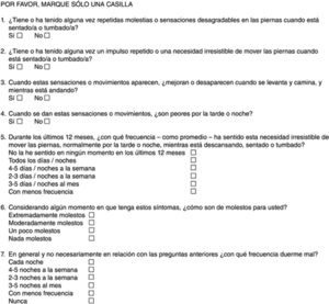 Cuestionario de detección del síndrome de piernas inquietas (SPI) por el clínico. Versión española. Se considera diagnóstico cuando se ha respondido las 4 primeras preguntas de forma positiva. El resto de las preguntas sirven para valorar la frecuencia y la intensidad de los síntomas del SPI. Fuente: García-Borreguero et al.45.
