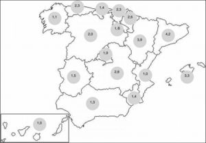 Distribución de los documentos según comunidades autónomas (n.° de documentos/100.000 habitantes).
