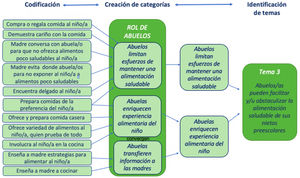 Ejemplo del proceso de análisis de la información respecto al tema «Abuelos/as pueden facilitar y/u obstaculizar la alimentación saludable de sus nietos preescolares».