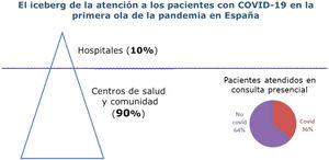 Actividad de los médicos de familia en España en la primera ola de la pandemia COVID-19. Fuente: elaboración propia a partir de los datos de la encuesta realizada por semFYC durante la semana del 23 al 27 de marzo entre 1.063 especialistas en Medicina Familiar y Comunitaria: https://www.semfyc.es/la-semfyc-cuantifica-la-actividad-asistencial-de-atencion-primaria-por-comunidades-durante-las-sucesivas-olas-de-covid-19/.