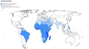Mapa interactivo de distribución geográfica y prevalencia de Schistosoma spp. Fuente de datos: CDC (2020). Elaboración Fundación iO. Disponible en: https://public.flourish.studio/visualisation/8236463/ [consultado 9 May 2022].
