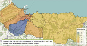 Mapa de las diferentes zonas básicas de salud y su cambio en la DHD media mensual entre preconfinamiento y confinamiento.