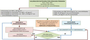 Algoritmo para el manejo de la obesidad en los diferentes entornos asistenciales. AP: atención primaria; IMC: índice de masa corporal.