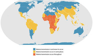 Países con transmisión de malaria. Fuente: CDC - Centers for Disease Control, & Prevention. (2020). CDC - Where Malaria Occurs. https://www.cdc.gov/malaria/about/distribution.html.