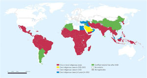 Países con casos autóctonos de malaria en el año 2000 y su situación para 2022. Fuente: WHO Database. World malaria report 20234.