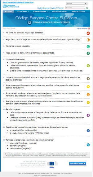 Código europeo contra el cáncer. Fuente: Código europeo contra el cáncer21: https://cancer-code-europe.iarc.fr/index.php/es/.