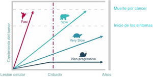 Heterogeneidad de la progresión del cáncer. Fuente: Adaptado de Welch y Black25:https://doi.org/10.1093/jnci/djq099.