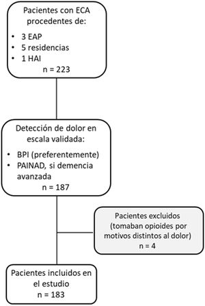 Diagrama de flujo de los pacientes del estudio. BPI, Brief Pain Inventory; EAP, equipos de atención primaria; ECA, enfermedad crónica avanzada; HAI, hospital de atención intermedia; PAINED, Pain Assessment in Anvanced Dementia.