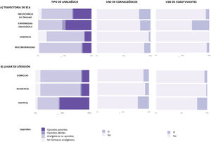 Porcentajes de pacientes que recibieron analgésicos, coanalgésicos y coadyuvantes según: A) trayectoria de enfermedad crónica avanzada (ECA) y B) lugar de atención. ECA: enfermedad crónica avanzada.