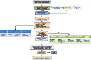 Diagnostic algorithm of pleural effusion. ADA, adenosine deaminase; CRP, C-reactive protein; CT, computed tomography; HF, heart failure; LDH, lactate dehydrogenase; NT-proBNP, N-terminal fragment of pro-brain natriuretic peptide; PF/S, pleural fluid/serum ratio; VATS, video-assisted thoracic surgery.