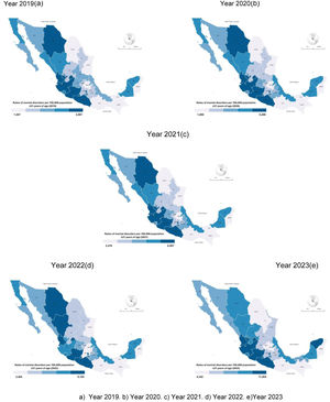 Spatiotemporal trends in rates of mental disorders per 100,000 population ≥21 years of age with IMSS social insurance, Mexico; 2019–2023.