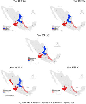 Spatial clusters of the rate of diagnoses of mental disorders per 100,000 population ≥21 years of age with IMSS social insurance, Mexico; 2019–2023.