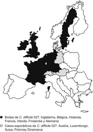 Países europeos con casos notificados de Clostridium difficile 027 a junio de 2007. Tomada de Kuijper et al14.
