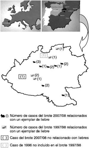 Mapa geográfico de las áreas en las que se produjo el contacto con liebres en los casos de tularemia.