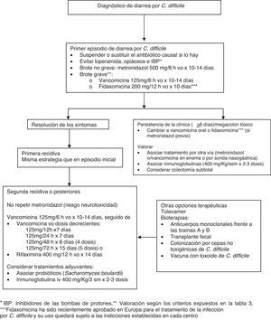 Algoritmo sobre la actitud terapéutica ante el diagnóstico de diarrea por Clostridium difficile.
