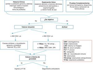 Algoritmo de manejo del paciente con infección por el VIH con fiebre sin foco. CMV: citomegalovirus; Cript.: criptococosis; LNH: linfoma no Hodgkin; MAI: M. avium complex; PJ: P. jiroveci; SRI: síndrome de reconstitución inmune; TB: tuberculosis; TB extrap.: tuberculosis extrapulmonar; Tt° ab: tratamiento antibiótico.